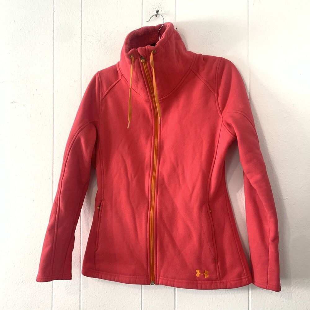 Under Armour Womens Small Zip Up Jacket Pink Orange Funnel Neck Fleece Lined